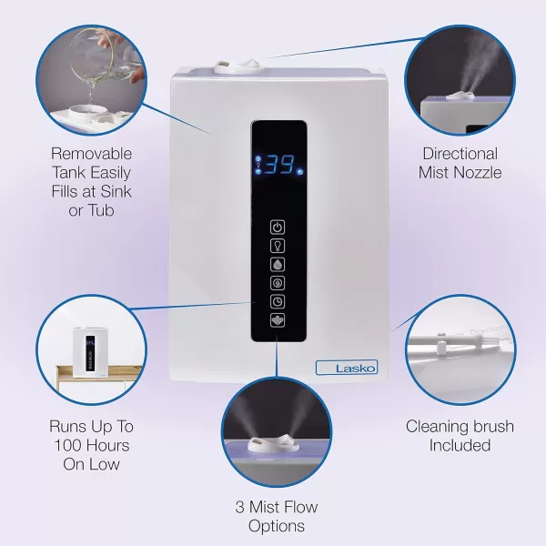 Lasko UH300 Warm and Cool Humidistat and Timer, Quiet, Soothing Ultrasonic Dual Mist Humidifiers for Baby Nursery, Bedroom, Kids, Large Room and Home, 4.9L Tank, No Filter, White