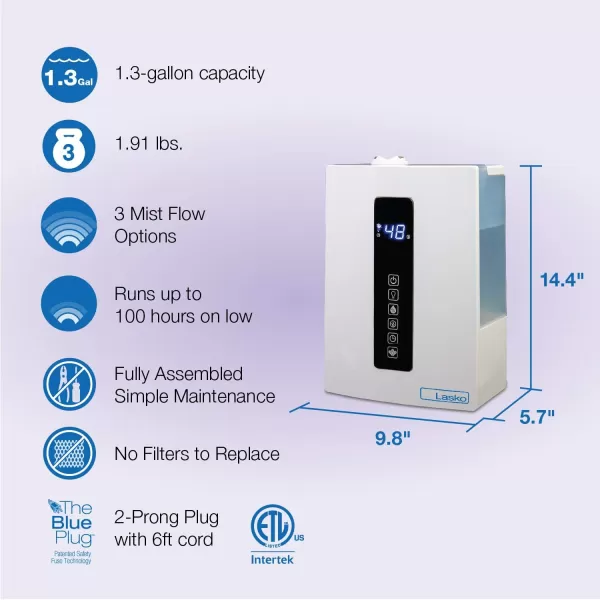 Lasko UH300 Warm and Cool Humidistat and Timer, Quiet, Soothing Ultrasonic Dual Mist Humidifiers for Baby Nursery, Bedroom, Kids, Large Room and Home, 4.9L Tank, No Filter, White