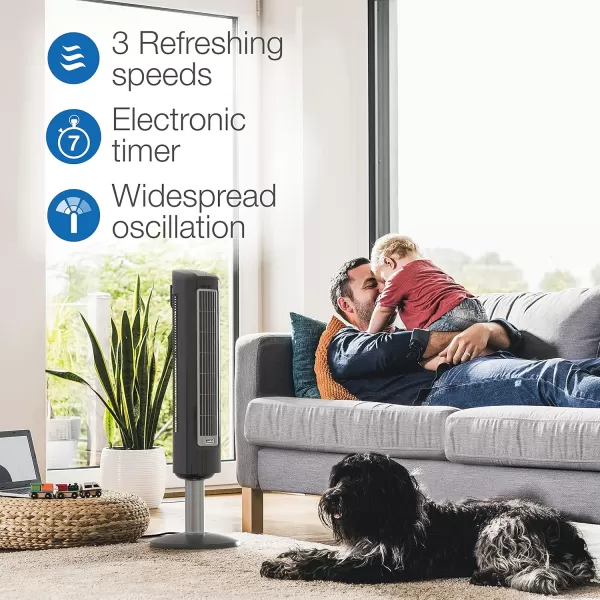 Lasko Wind Tower Oscillating Tower Fan, Remote Control, Timer, 3 Quiet Speeds, for Bedroom, Living Room and Office, 38" Gray, 2519