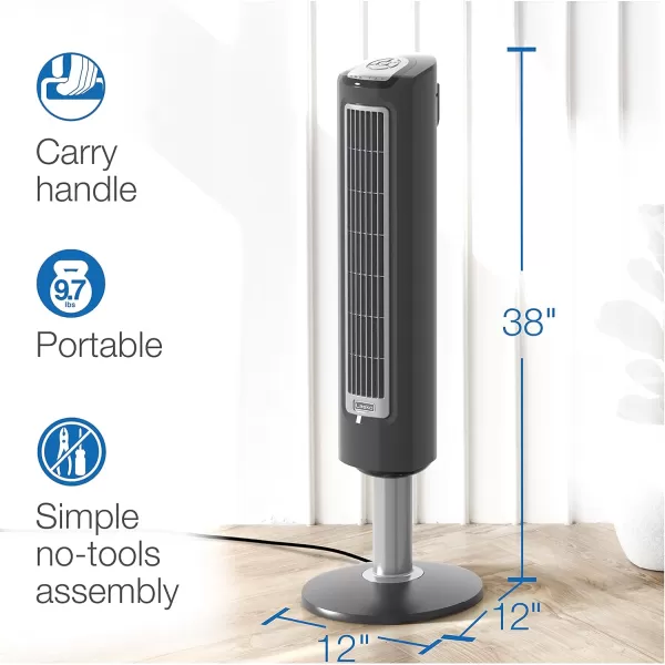 Lasko Wind Tower Oscillating Tower Fan, Remote Control, Timer, 3 Quiet Speeds, for Bedroom, Living Room and Office, 38" Gray, 2519