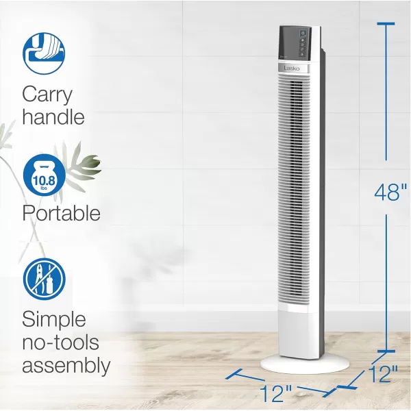 Lasko Works with Alexa Oscillating Tower Fan, Voice Controlled, 4 Quiet Speeds, Sleep Mode, Timer, Bedroom, Living Room, 48", White, T48401