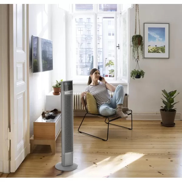 Lasko Works with Alexa Oscillating Tower Fan, Voice Controlled, 4 Quiet Speeds, Sleep Mode, Timer, Bedroom, Living Room, 48", White, T48401
