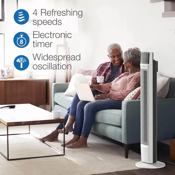 Lasko Works with Alexa Oscillating Tower Fan, Voice Controlled, 4 Quiet Speeds, Sleep Mode, Timer, Bedroom, Living Room, 48", White, T48401