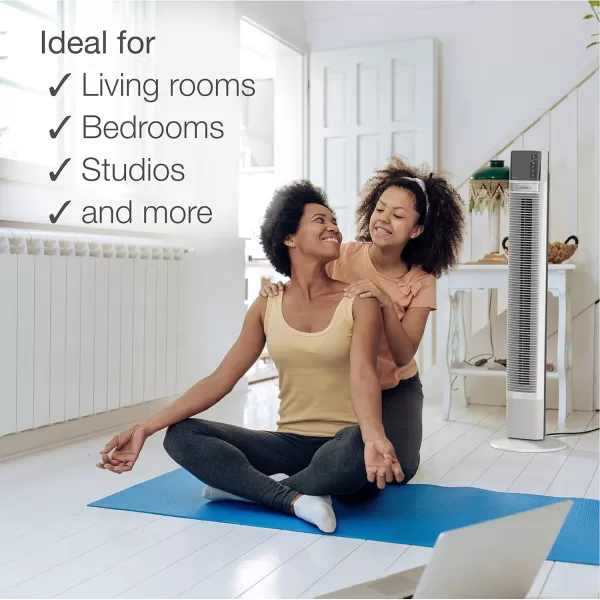 Lasko Works with Alexa Oscillating Tower Fan, Voice Controlled, 4 Quiet Speeds, Sleep Mode, Timer, Bedroom, Living Room, 48", White, T48401