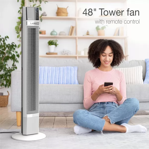 Lasko Works with Alexa Oscillating Tower Fan, Voice Controlled, 4 Quiet Speeds, Sleep Mode, Timer, Bedroom, Living Room, 48", White, T48401