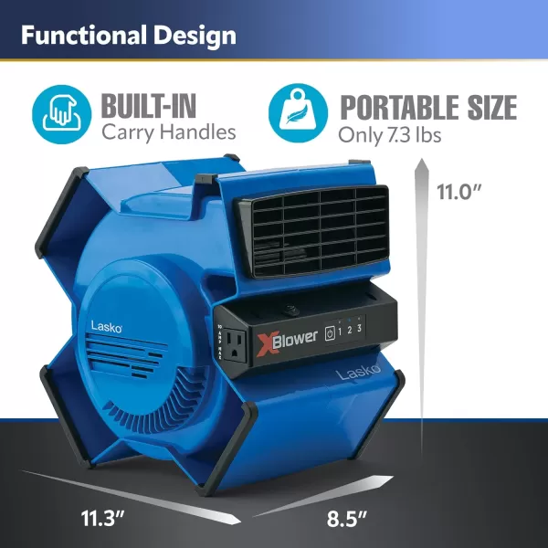 Lasko X-Blower 6 Position High Velocity Pivoting Utility Blower Fan for Cooling, Ventilating, Exhausting and Drying, 3 Speeds, AC Outlet, Circuit Breaker with Reset, USB Port, 11x9x12, Blue, X12905