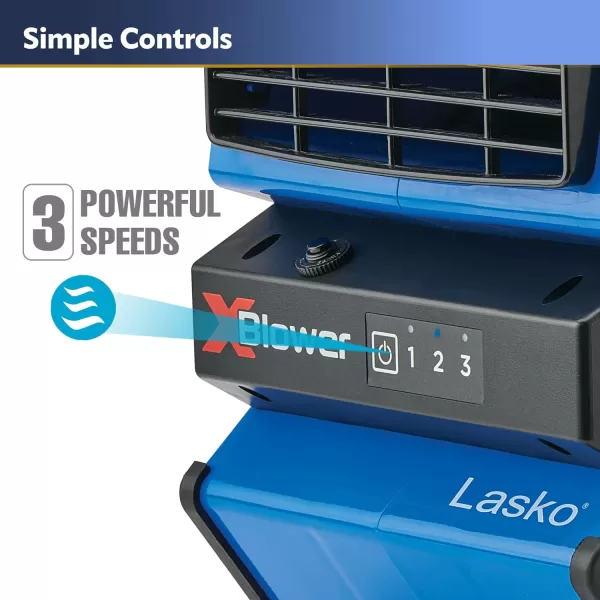 Lasko X-Blower 6 Position High Velocity Pivoting Utility Blower Fan for Cooling, Ventilating, Exhausting and Drying, 3 Speeds, AC Outlet, Circuit Breaker with Reset, USB Port, 11x9x12, Blue, X12905