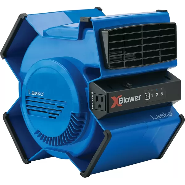 Lasko X-Blower 6 Position High Velocity Pivoting Utility Blower Fan for Cooling, Ventilating, Exhausting and Drying, 3 Speeds, AC Outlet, Circuit Breaker with Reset, USB Port, 11x9x12, Blue, X12905