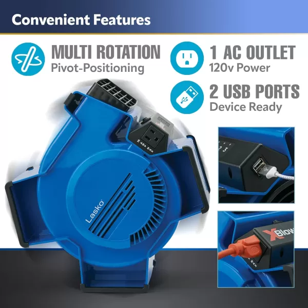 Lasko X-Blower 6 Position High Velocity Pivoting Utility Blower Fan for Cooling, Ventilating, Exhausting and Drying, 3 Speeds, AC Outlet, Circuit Breaker with Reset, USB Port, 11x9x12, Blue, X12905