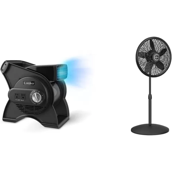 Lasko 12” Utility Fan for Job Site or Home Use, 289 CFM, Pivoting High Velocity Blower Fans, 3 Speeds, 2 Accessory Outlets 120V, Black, U12104