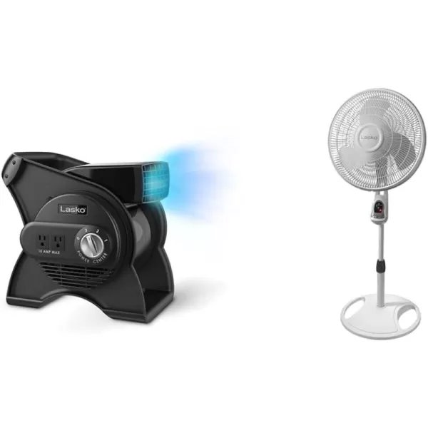 Lasko 12” Utility Fan for Job Site or Home Use, 289 CFM, Pivoting High Velocity Blower Fans, 3 Speeds, 2 Accessory Outlets 120V, Black, U12104