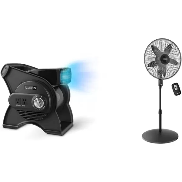 Lasko 12” Utility Fan for Job Site or Home Use, 289 CFM, Pivoting High Velocity Blower Fans, 3 Speeds, 2 Accessory Outlets 120V, Black, U12104
