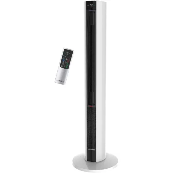 Lasko 1500 Watt 4 Speed Quiet Bladeless Multi Function Remote Control Comfort Control Tower Fan and Space Heater with 3 Heat Settings, White