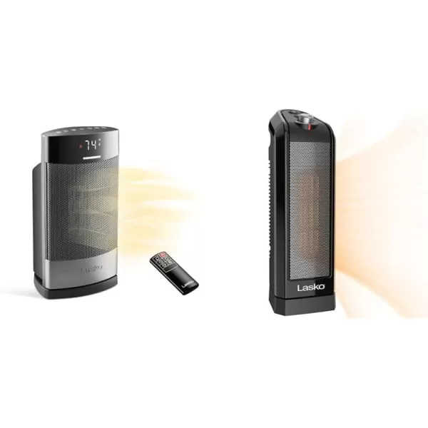 Lasko Ellipse Ceramic Tower Heater for Home with Tipover Switch, Child Lock, Digital Display, Thermostat, Wide Oscillation, Remote, Timer, For Bedroom, Office, Living Room, Den, 1500W, Black, CT18950