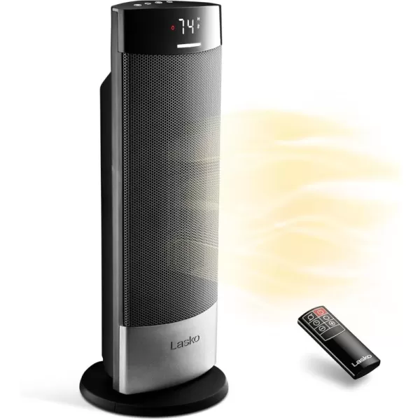 Lasko Ellipse Ceramic Tower Heater for Home with Tipover Switch, Child Lock, Digital Display, Thermostat, Wide Oscillation, Remote, Timer, For Bedroom, Office, Living Room, Den, 1500W, Black, CT18950