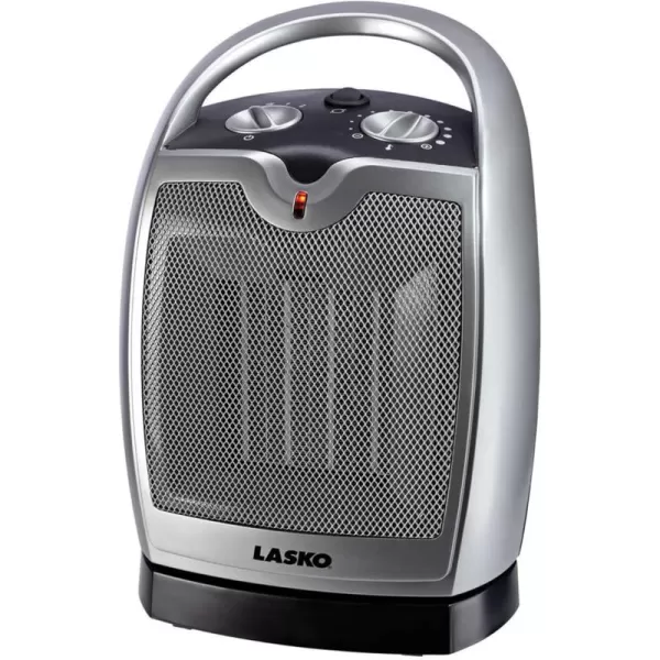 Lasko Oscillating Ceramic Tabletop Space Heater for Home with Adjustable Thermostat, Carrying Handle, 2 Speeds and Fan Only Mode, 11.6 Inches, Silver, 5409