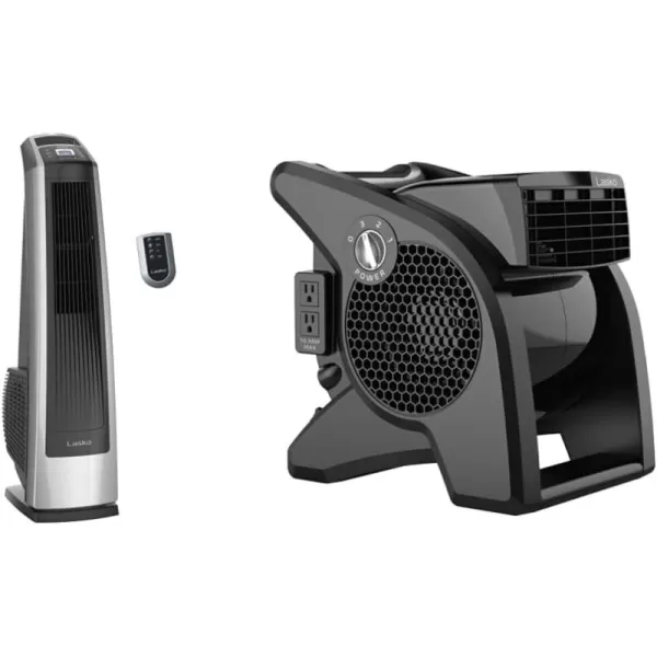 Lasko Oscillating High Velocity Tower Fan, Remote Control, Timer, 3 Powerful Speeds, for Garage, Basement and Gym, 35" Silver and Black, U35115, Large