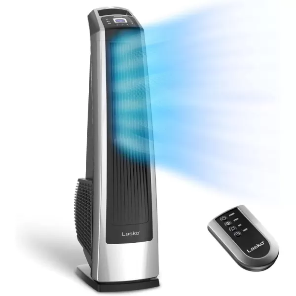 Lasko Oscillating High Velocity Tower Fan, Remote Control, Timer, 3 Powerful Speeds, for Garage, Basement and Gym, 35" Silver and Black, U35115, Large