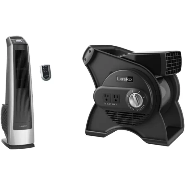 Lasko Oscillating High Velocity Tower Fan, Remote Control, Timer, 3 Powerful Speeds, for Garage, Basement and Gym, 35" Silver and Black, U35115, Large
