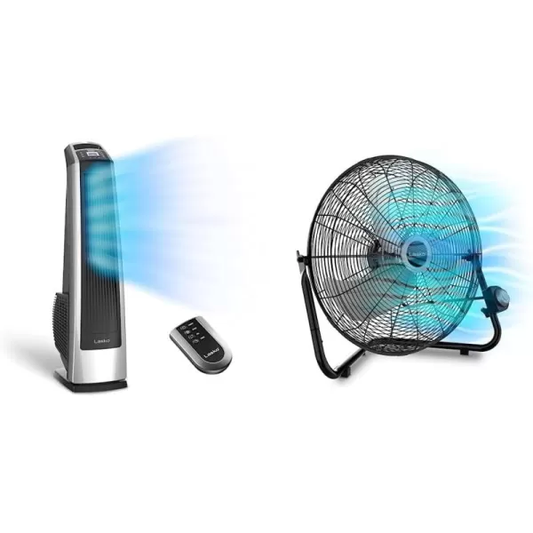 Lasko Oscillating High Velocity Tower Fan, Remote Control, Timer, 3 Powerful Speeds, for Garage, Basement and Gym, 35" Silver and Black, U35115, Large