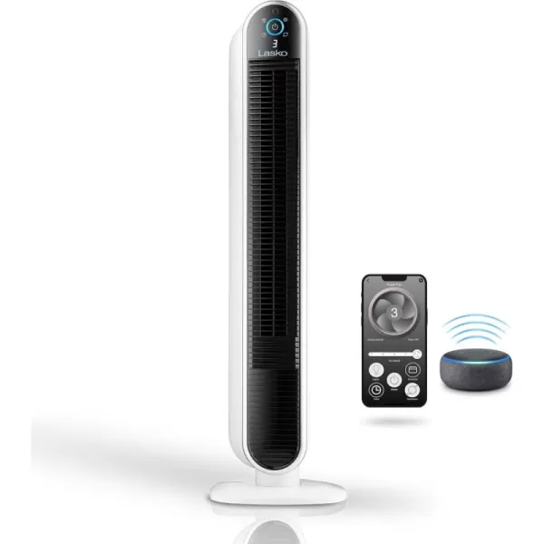 Lasko Smart Oscillating Tower Fan Powered by Aria, Wi-Fi Connected, Voice Controlled, Compatible with Alexa and Google Assistant, Timer, 5-Speeds, 40", White, T40735, Large