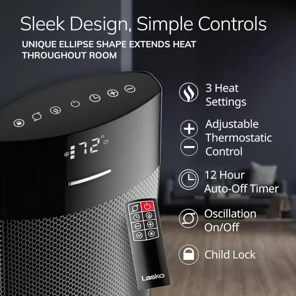 imageLasko Ellipse Ceramic Tower Heater for Home with TipOver Switch Digital Display Thermostat Wide Oscillation Remote Timer For Bedroom Office Living Room Den 24 Inches 1500W Black CT24950
