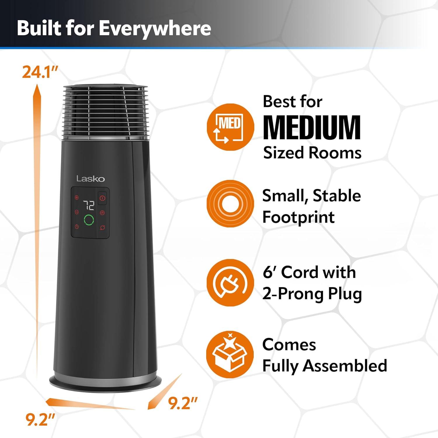 imageLasko 360Degree Oscillating Ceramic Tower Heater for Home with TipOver Safety Adjustable Thermostat Timer Remote and 3 Speeds 24 Inches Black 1500W CT24362