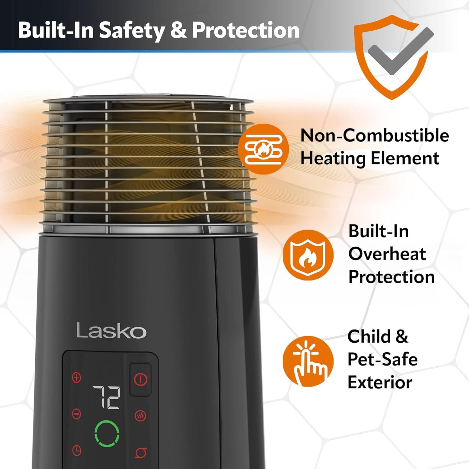 imageLasko 360Degree Oscillating Ceramic Tower Heater for Home with TipOver Safety Adjustable Thermostat Timer Remote and 3 Speeds 24 Inches Black 1500W CT24362
