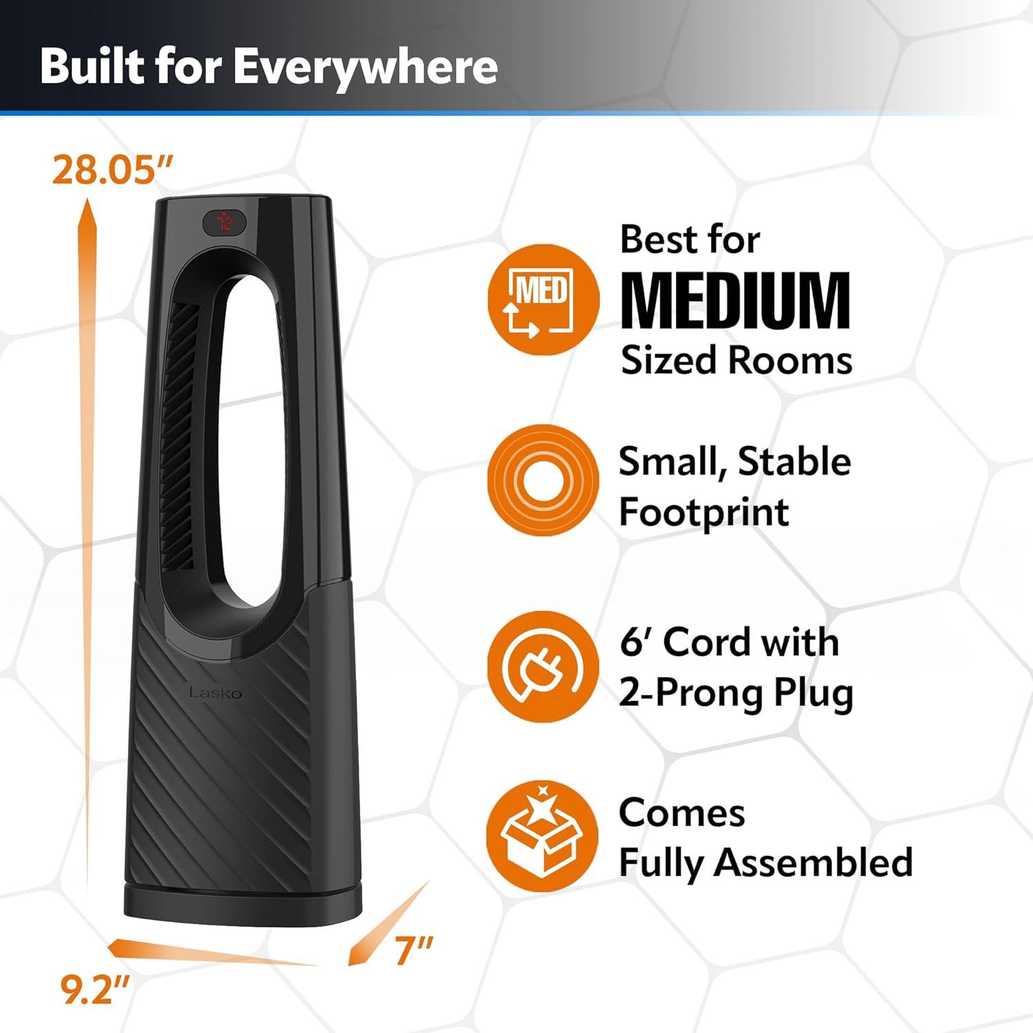 imageLasko Oscillating Bladeless Ceramic Tower Space Heater for Home with Enhanced Safety Adjustable Thermostat Timer and Remote Control 3805 x 919 x 70 Black 1500W CW210
