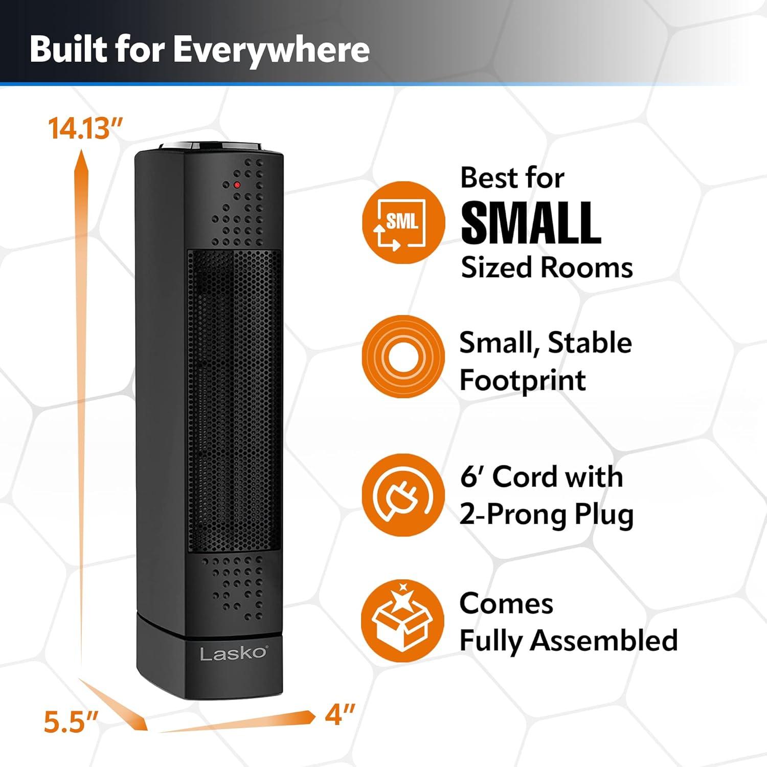 imageLasko Oscillating Ceramic Slim Tower Desktop Space Heater for Home with Thermostat and 2 Speeds 14 Inches Black 1500W CT14101