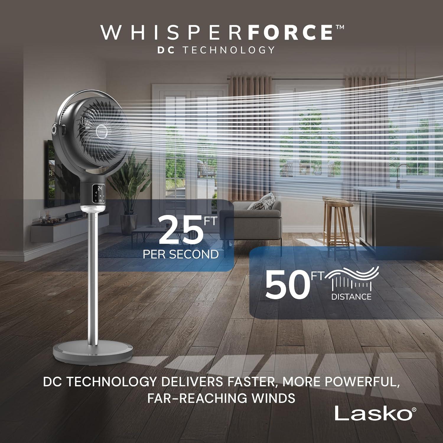 imageLasko Whirlwind Orbital Motion Pedestal Fan with WhisperForce DC Technology 25fts Airflow 25dBA Night Light 24Hr Timer Adjustable Height Remote Control 21quot 39quot Gray APDC215