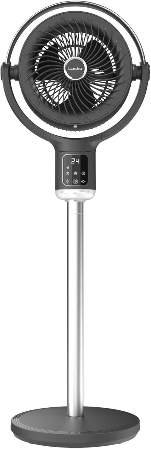 imageLasko Whirlwind Orbital Motion Pedestal Fan with WhisperForce DC Technology 25fts Airflow 25dBA Night Light 24Hr Timer Adjustable Height Remote Control 21quot 39quot Gray APDC215