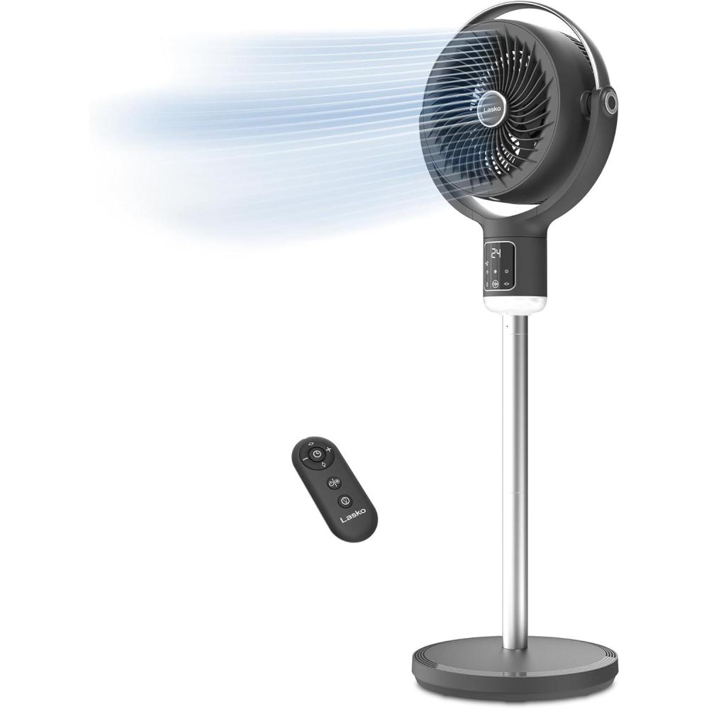 imageLasko Whirlwind Orbital Motion Pedestal Fan with WhisperForce DC Technology 25fts Airflow 25dBA Night Light 24Hr Timer Adjustable Height Remote Control 21quot 39quot Gray APDC215