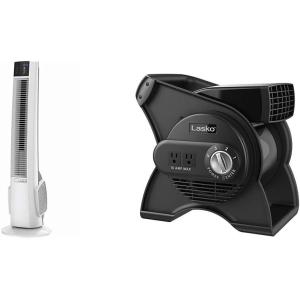 imageLasko Oscillating Tower Fan with Remote Control and Pivoting Utility Blower Fan with Accessory Outlets 3 Speeds