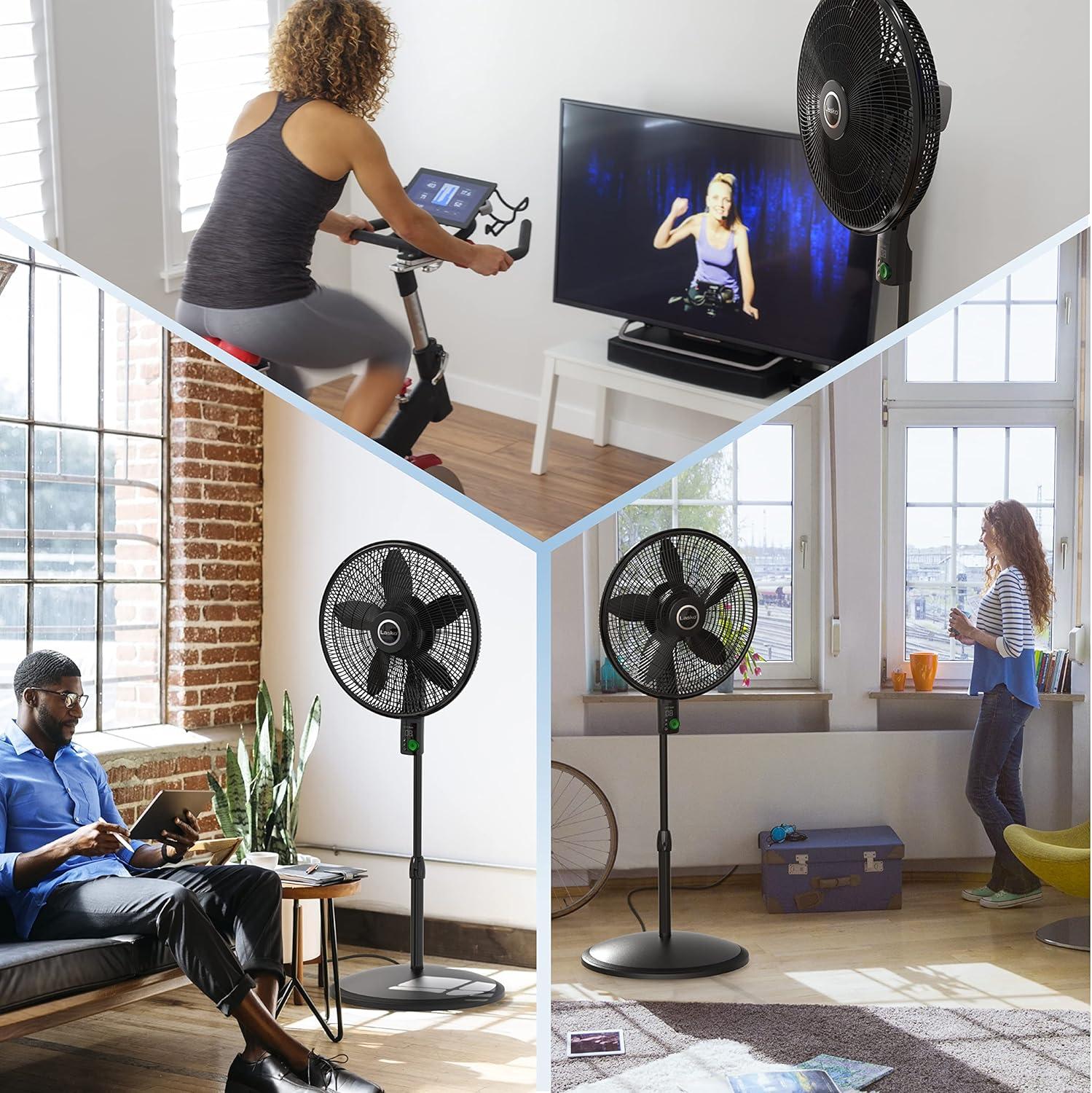 imageLasko EcoQuiet Oscillating Pedestal Fan with Whisper Quiet DC Motor 12 Speeds 8 Hour Timer Adjustable Height Remote Control White S18705 LargeBlack