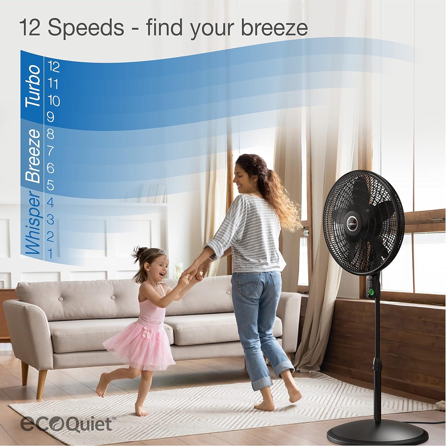 imageLasko EcoQuiet Oscillating Pedestal Fan with Whisper Quiet DC Motor 12 Speeds 8 Hour Timer Adjustable Height Remote Control White S18705 LargeBlack