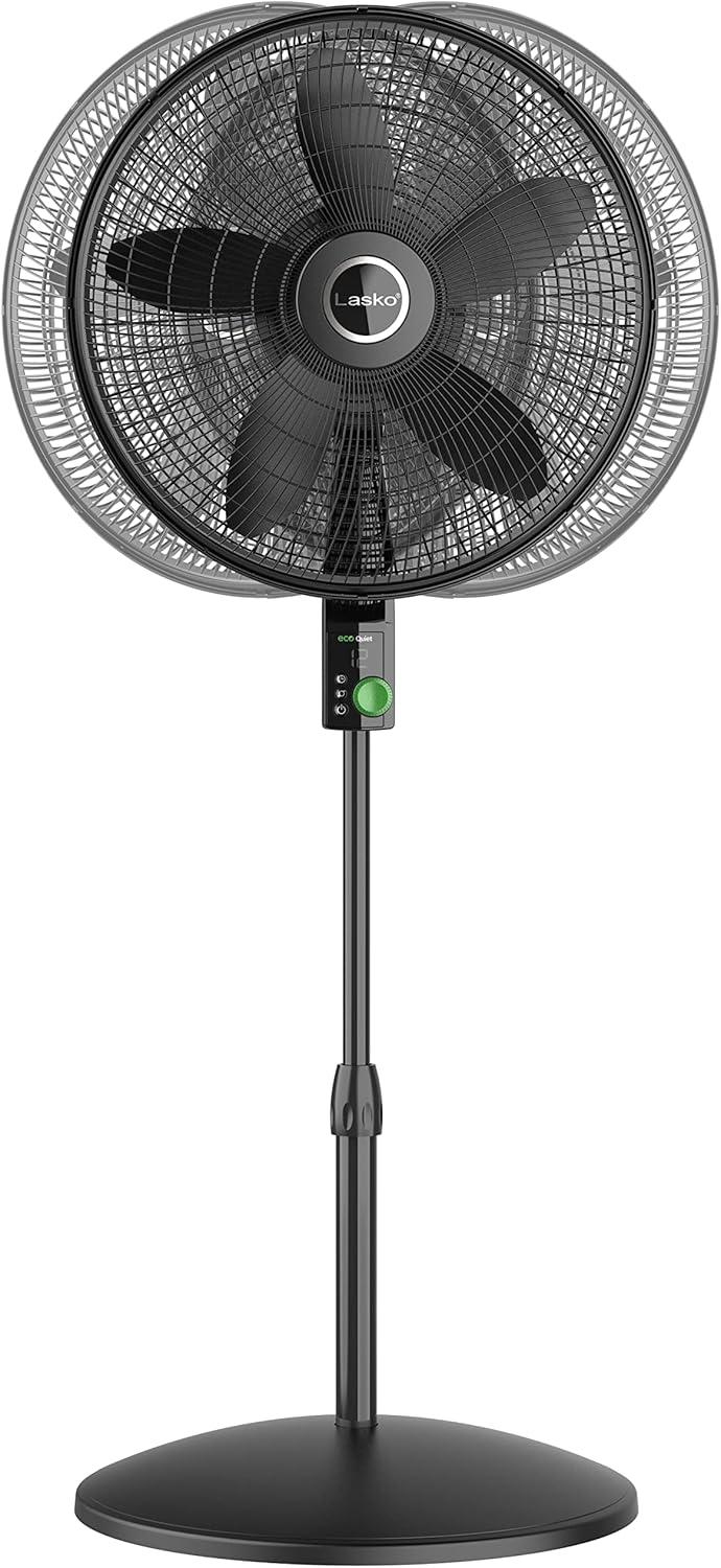 imageLasko EcoQuiet Oscillating Pedestal Fan with Whisper Quiet DC Motor 12 Speeds 8 Hour Timer Adjustable Height Remote Control White S18705 LargeBlack