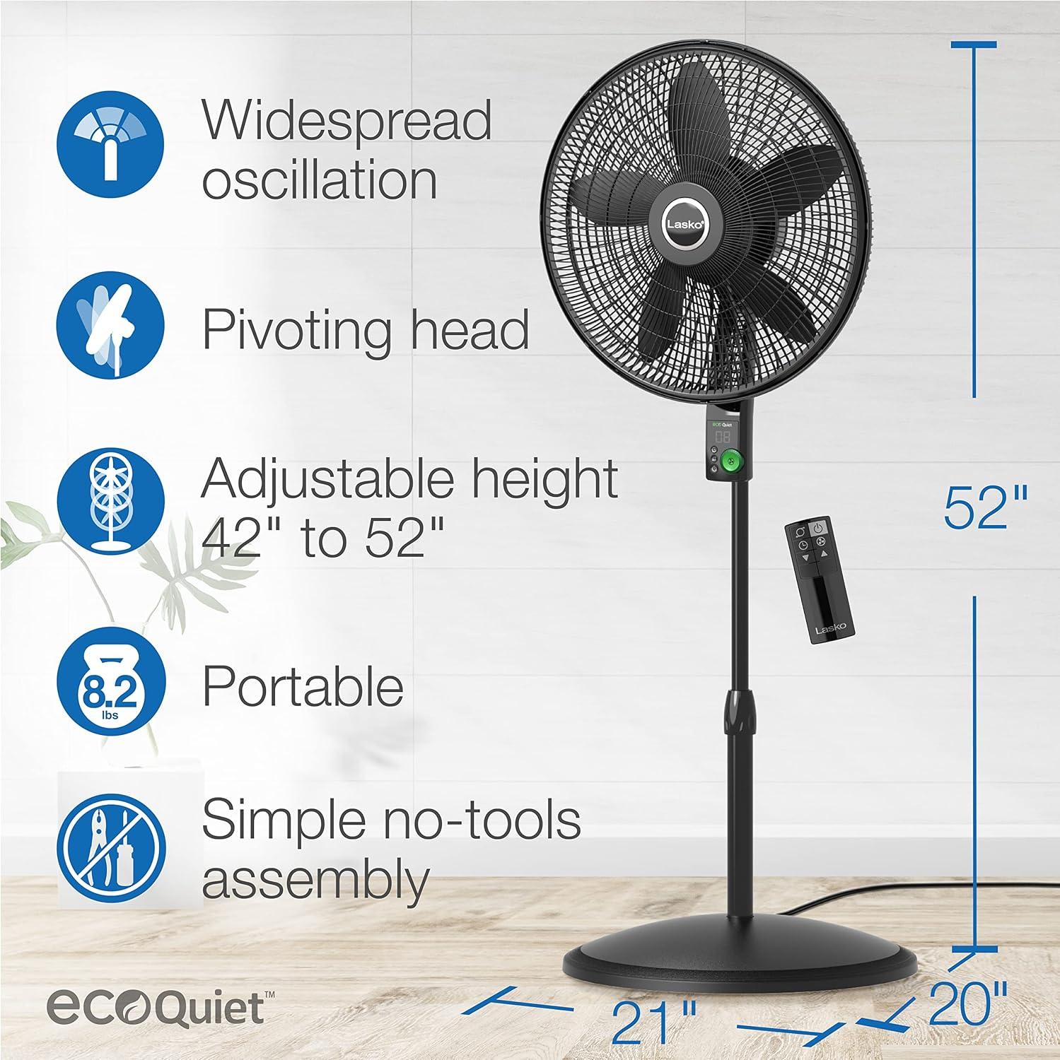 imageLasko EcoQuiet Oscillating Pedestal Fan with Whisper Quiet DC Motor 12 Speeds 8 Hour Timer Adjustable Height Remote Control White S18705 LargeBlack