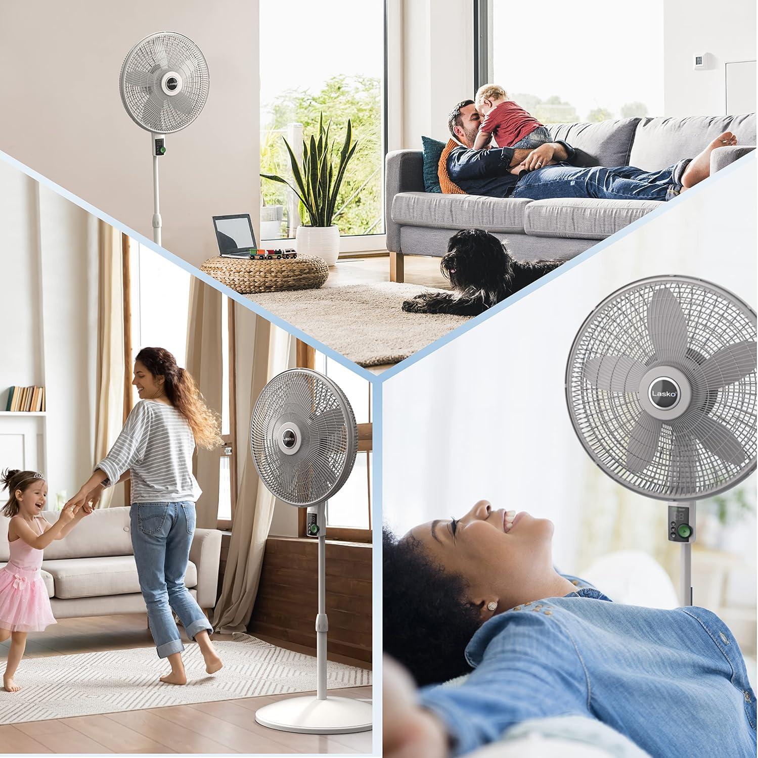 imageLasko EcoQuiet Oscillating Pedestal Fan with Whisper Quiet DC Motor 12 Speeds 8 Hour Timer Adjustable Height Remote Control White S18705 LargeWhite