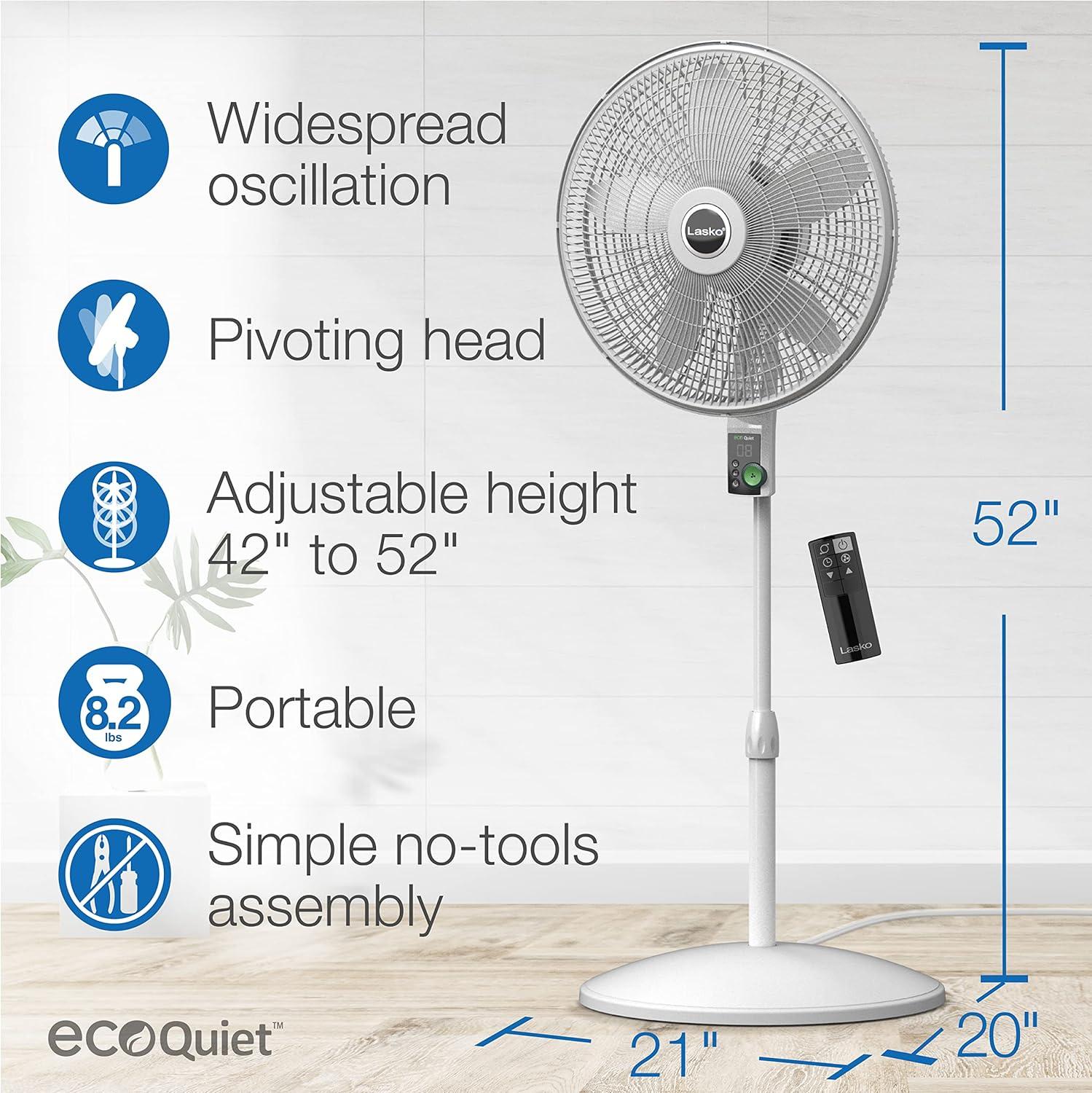 imageLasko EcoQuiet Oscillating Pedestal Fan with Whisper Quiet DC Motor 12 Speeds 8 Hour Timer Adjustable Height Remote Control White S18705 LargeWhite