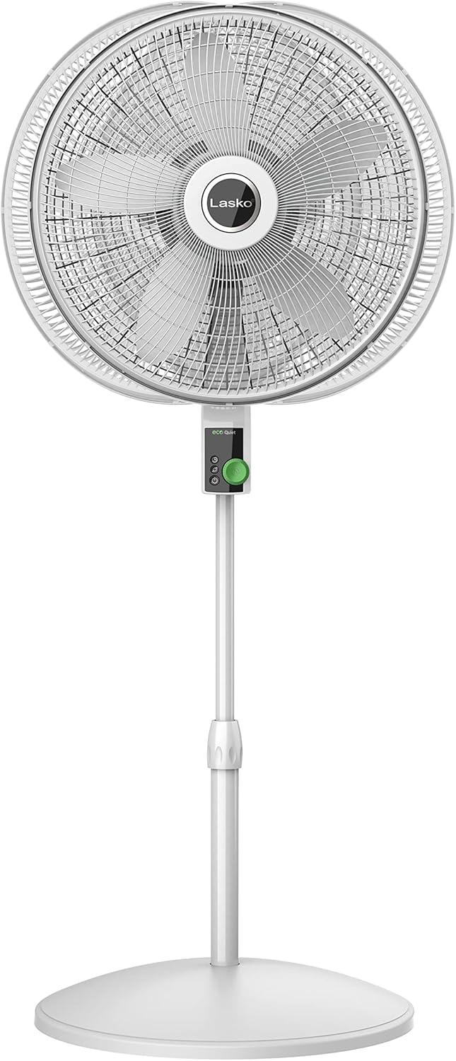 imageLasko EcoQuiet Oscillating Pedestal Fan with Whisper Quiet DC Motor 12 Speeds 8 Hour Timer Adjustable Height Remote Control White S18705 LargeWhite
