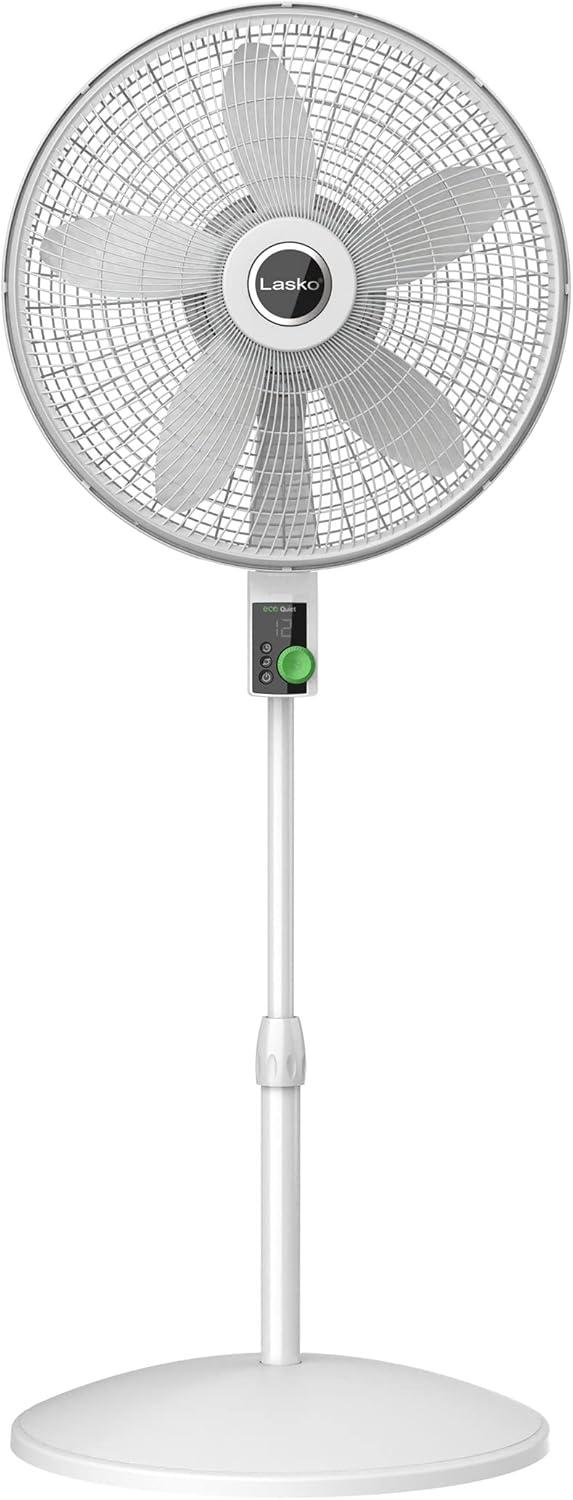imageLasko EcoQuiet Oscillating Pedestal Fan with Whisper Quiet DC Motor 12 Speeds 8 Hour Timer Adjustable Height Remote Control White S18705 LargeWhite