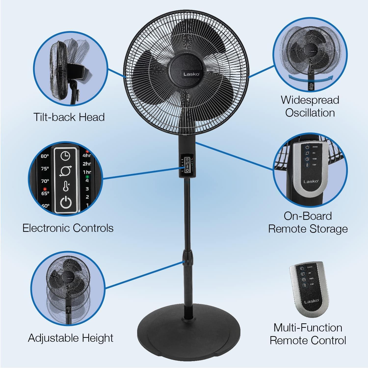imageLasko S16612 Oscillating 16 Adjustable Pedestal Stand Fan with Timer Thermostat and Remote for Indoor Bedroom Living Room 16 Inch Black 16612 ampamp Household Tower Fan 42quot Silver T42951