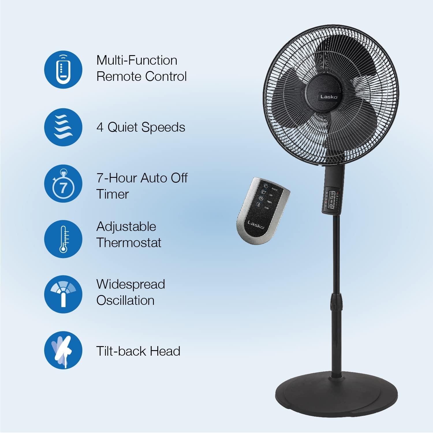 imageLasko S16612 Oscillating 16 Adjustable Pedestal Stand Fan with Timer Thermostat and Remote for Indoor Bedroom Living Room 16 Inch Black 16612 ampamp Household Tower Fan 42quot Silver T42951