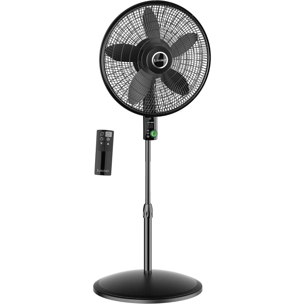 imageLasko EcoQuiet Oscillating Pedestal Fan with Whisper Quiet DC Motor 12 Speeds 8 Hour Timer Adjustable Height Remote Control White S18705 LargeBlack