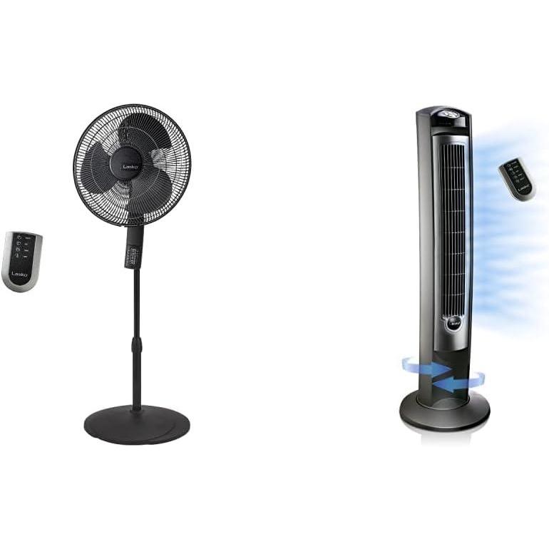 imageLasko S16612 Oscillating 16 Adjustable Pedestal Stand Fan with Timer Thermostat and Remote for Indoor Bedroom Living Room 16 Inch Black 16612 ampamp Household Tower Fan 42quot Silver T42951