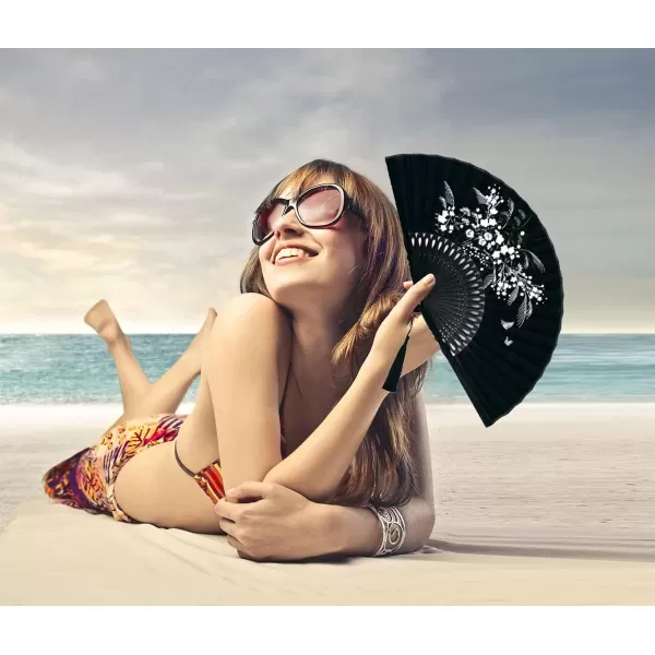 Amajiji Charming Elegant Modern Woman Handmade Bamboo Silk 827quot 21cm Folding Pocket Purse Hand Fan BlackBlack