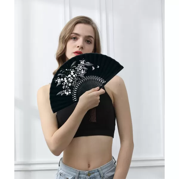 Amajiji Charming Elegant Modern Woman Handmade Bamboo Silk 827quot 21cm Folding Pocket Purse Hand Fan BlackBlack