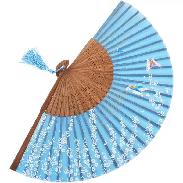 Amajiji Charming Elegant Modern Woman Handmade Bamboo Silk 827quot Folding Hand Fan Blue