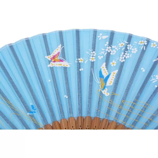 Amajiji Charming Elegant Modern Woman Handmade Bamboo Silk 827quot Folding Hand Fan Blue
